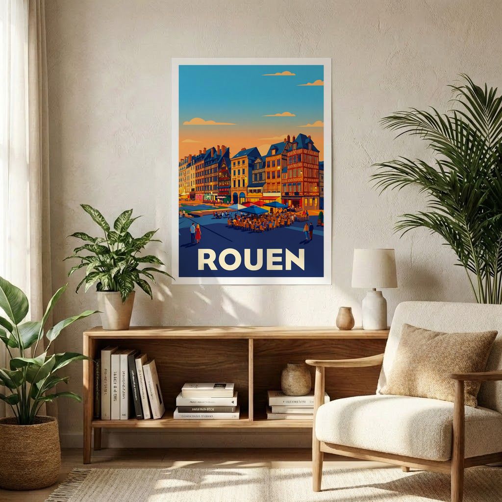 Affiche souvenir de la ville de Rouen avec une illustration colorée et stylisée de ses maisons à colombages.