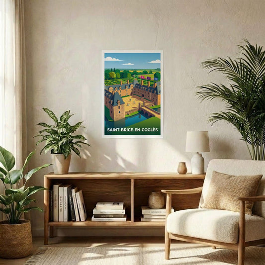 Poster souvenir de la ville de Saint-Brice-en-Coglès avec une illustration stylisée.