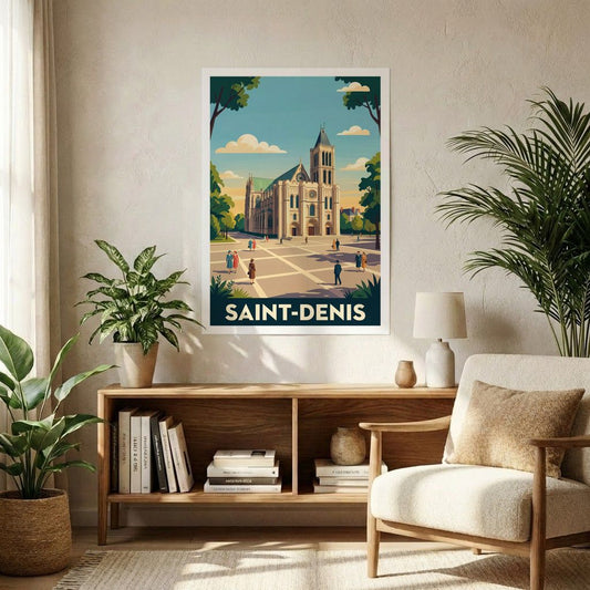 Poster souvenir de la ville de Saint-Denis avec une illustration stylisée.