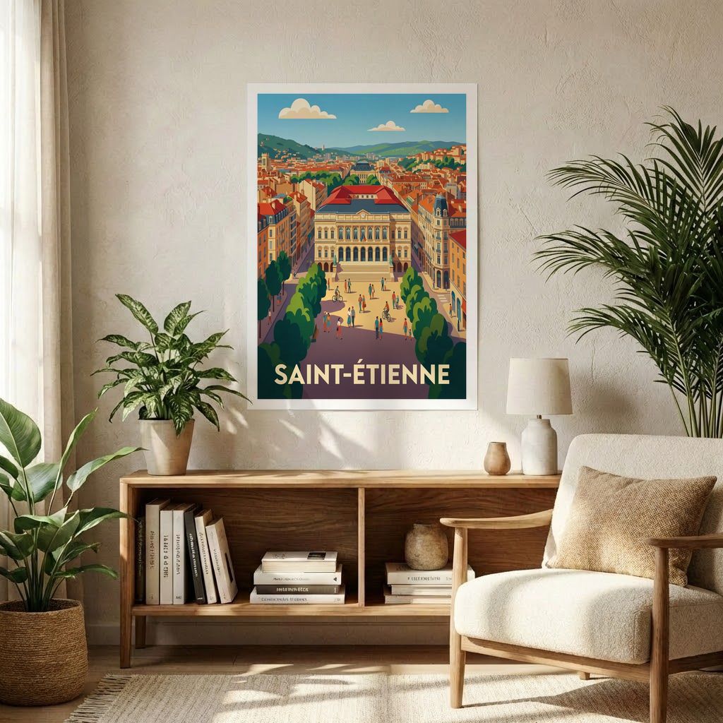 Affiche souvenir de la ville de Saint-Étienne avec une illustration stylisée.