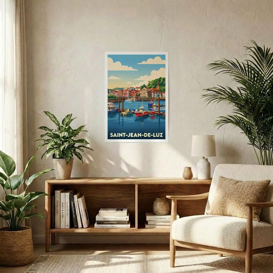 Poster souvenir de la ville de Saint-Jean-de-Luz avec une illustration stylisée de son port.