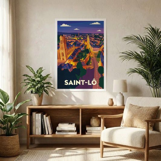 Affiche souvenir de la ville de Saint-Lô avec une illustration stylisée et colorée.