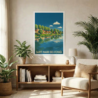 Affiche souvenir de la ville de Saint-Maur-des-Fossés avec une illustration stylisée de ses bords de rivière.