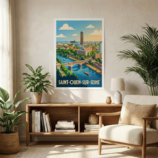 Affiche souvenir de la ville de Saint-Ouen-sur-Seine avec une illustration stylisée.