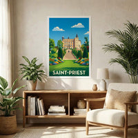 Poster souvenir de la ville de Saint-Priest avec une illustration stylisée de son château.