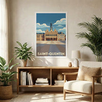Poster souvenir de la ville de Saint-Quentin avec une illustration stylisée de son Hôtel de Ville.