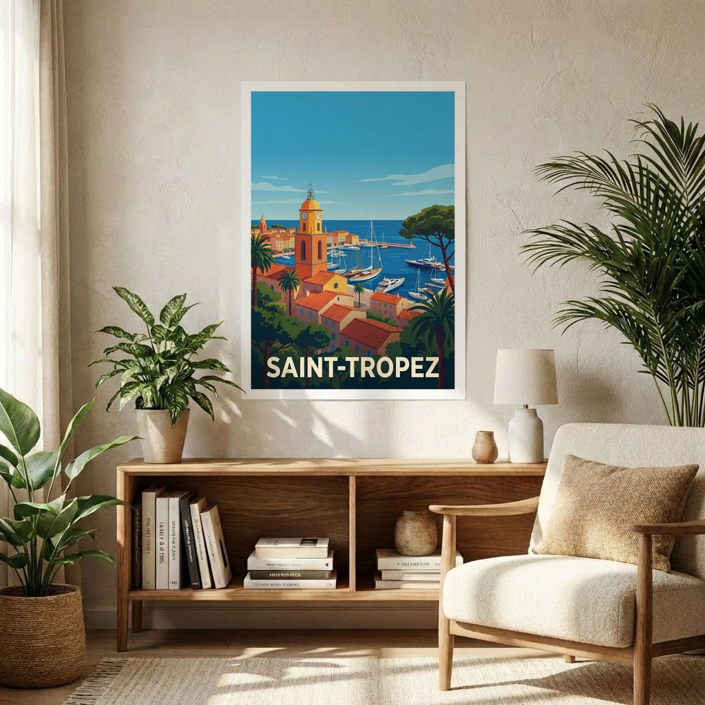 Affiche souvenir de la ville de Saint-Tropez avec une illustration stylisée.