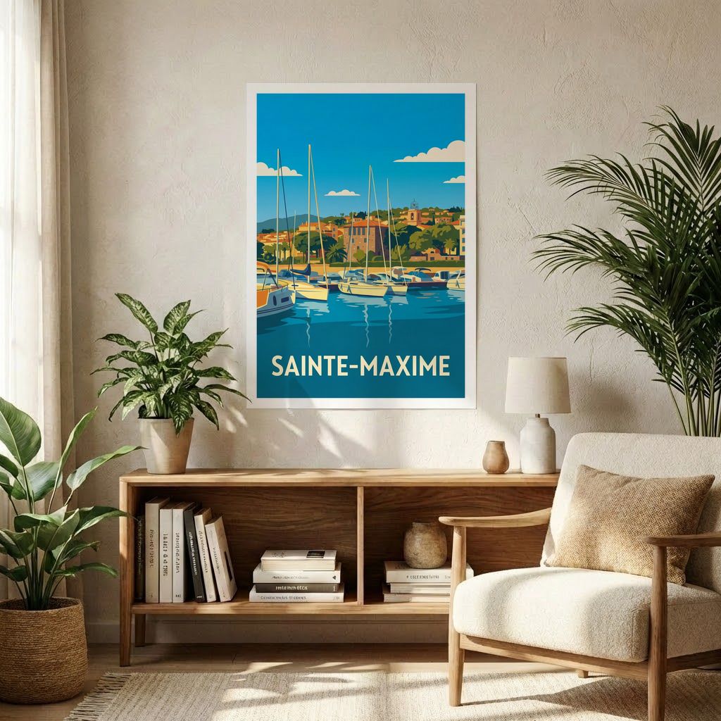 Affiche souvenir de la ville de Sainte-Maxime avec une illustration stylisée de son port de plaisance.