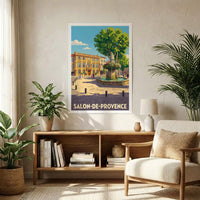 Poster souvenir de la ville de Salon-de-Provence avec une illustration stylisée d'une place ensoleillée et de sa fontaine.