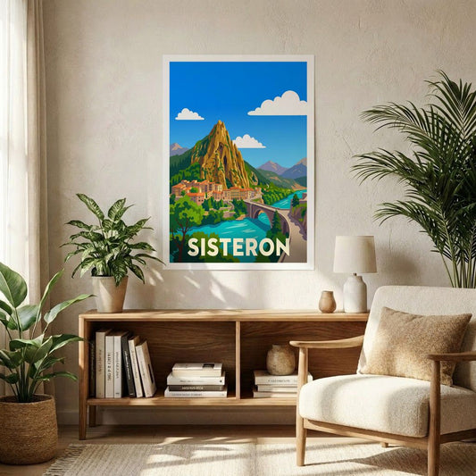 Poster souvenir de la ville de Sisteron avec une illustration stylisée.