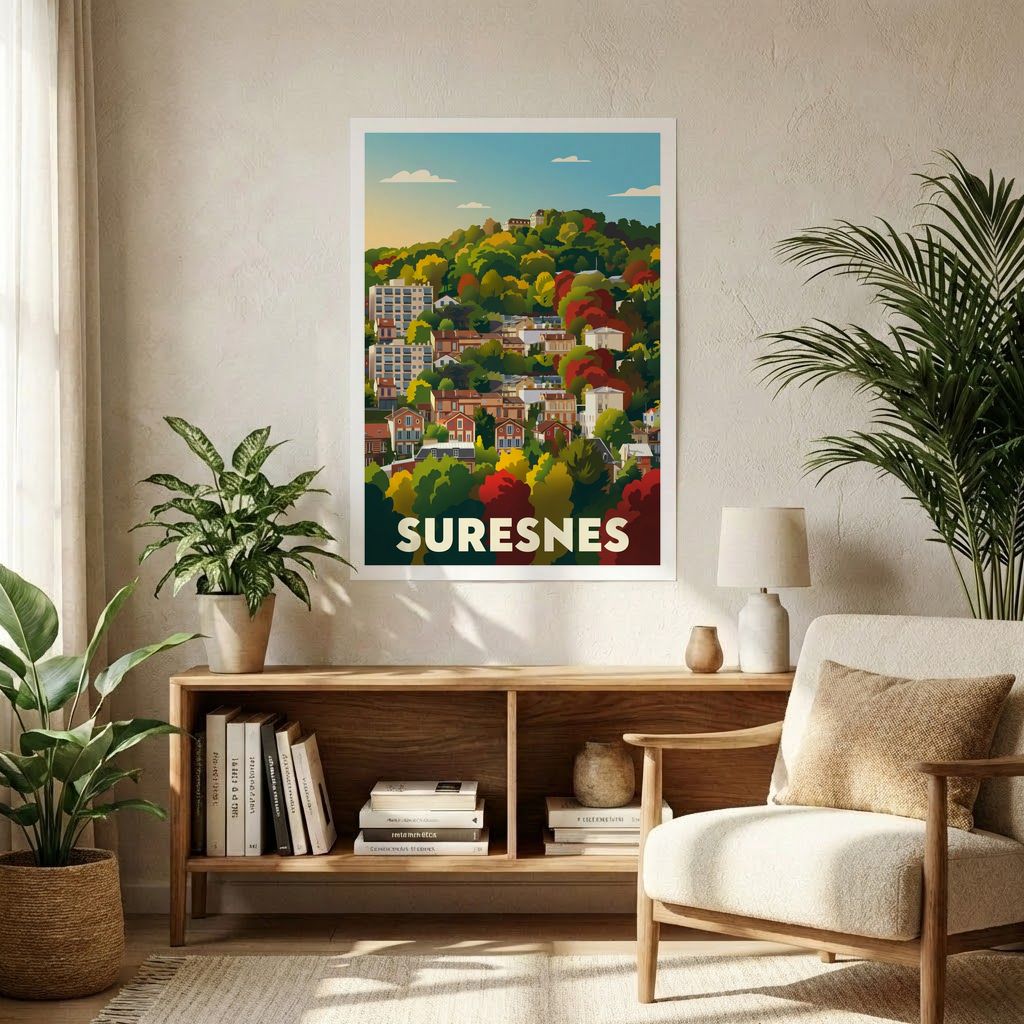 Affiche souvenir de la ville de Suresnes avec une illustration stylisée de maisons nichées sur une colline arborée.