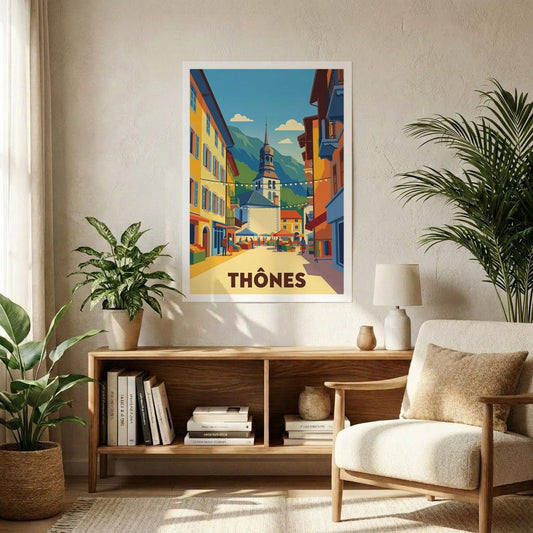 Poster souvenir de la ville de Thônes avec une illustration stylisée d'une rue pittoresque et son clocher.