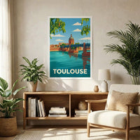 Poster souvenir de la ville de Toulouse avec une illustration stylisée des bords de la Garonne.