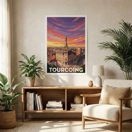 Affiche souvenir de la ville de Tourcoing avec une illustration stylisée de son architecture sous un ciel coloré.