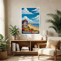 Affiche souvenir de la ville de Trouville-sur-Mer avec une illustration stylisée de son front de mer.