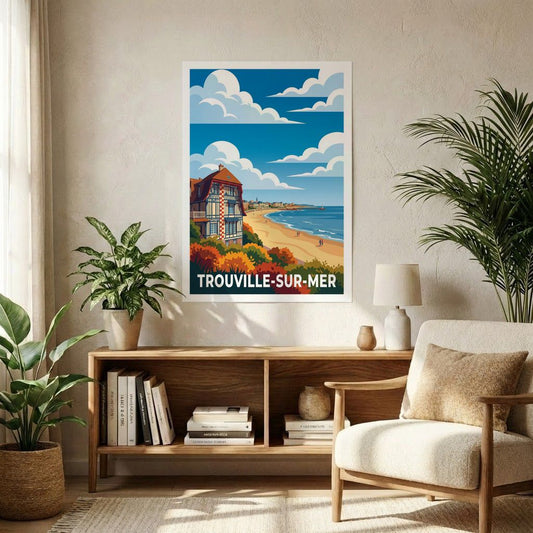 Affiche souvenir de la ville de Trouville-sur-Mer avec une illustration stylisée de son front de mer.