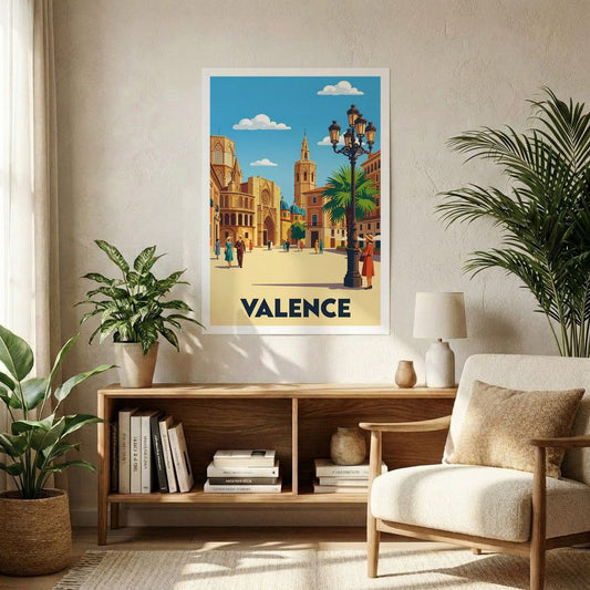 Poster souvenir de la ville de Valence avec une illustration stylisée d'une place historique ensoleillée.