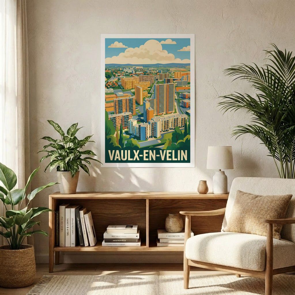 Poster souvenir de la ville de Vaulx-en-Velin avec une illustration stylisée de son paysage urbain.