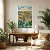 Poster souvenir de la ville de Vaulx-en-Velin avec une illustration stylisée de son paysage urbain.