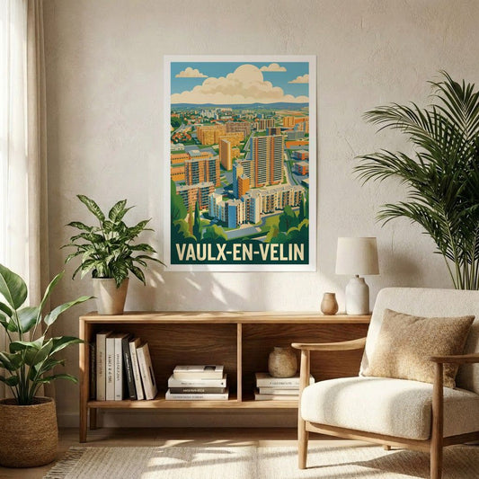 Poster souvenir de la ville de Vaulx-en-Velin avec une illustration stylisée de son paysage urbain.