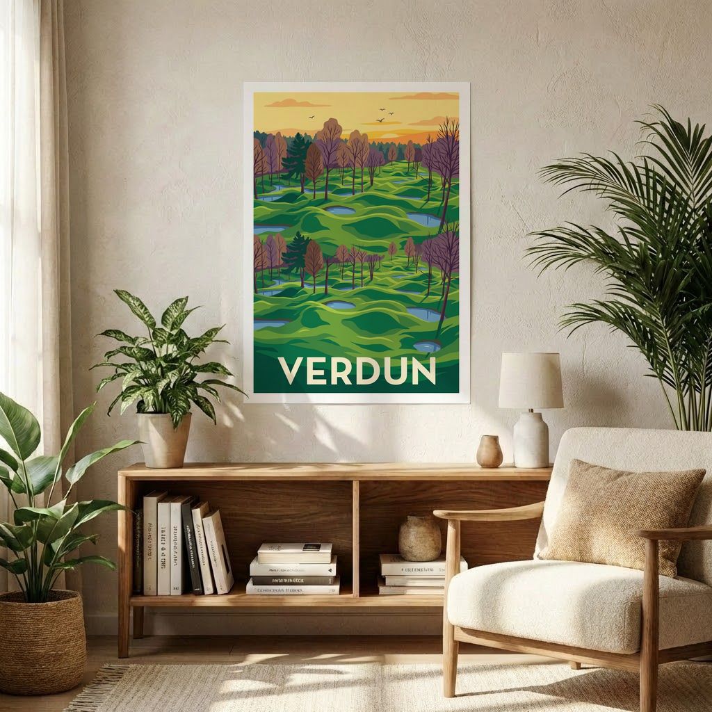 Poster souvenir de la ville de Verdun avec une illustration stylisée de paysages vallonnés et boisés.