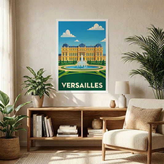 Poster souvenir de la ville de Versailles avec une illustration stylisée du château et de sa fontaine.