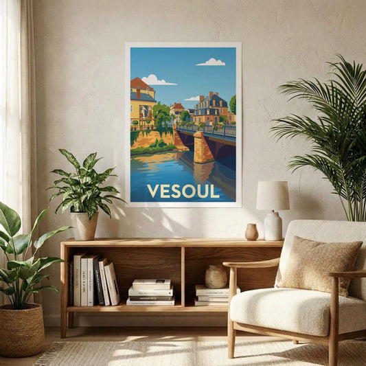 Poster souvenir de la ville de Vesoul avec une illustration stylisée d'un pont sur l'eau.