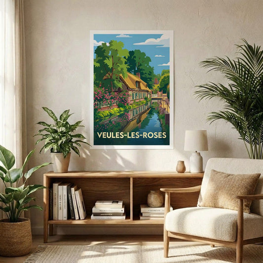 Affiche souvenir de la ville de Veules-les-Roses avec une illustration stylisée d'une maison fleurie au bord de l'eau.