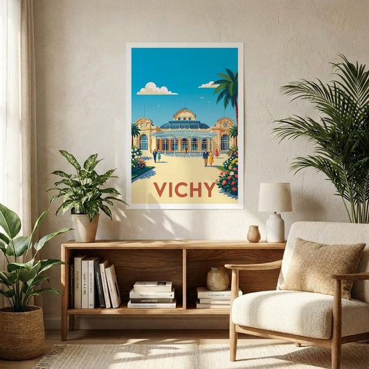 Affiche souvenir de la ville de Vichy avec une illustration graphique et colorée.
