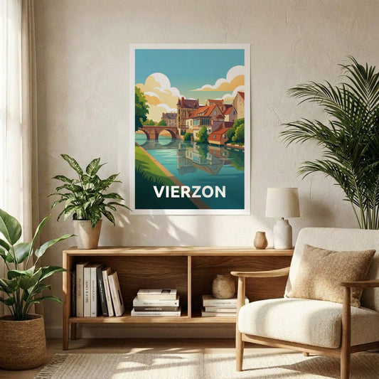 Affiche souvenir de la ville de Vierzon avec une illustration stylisée.