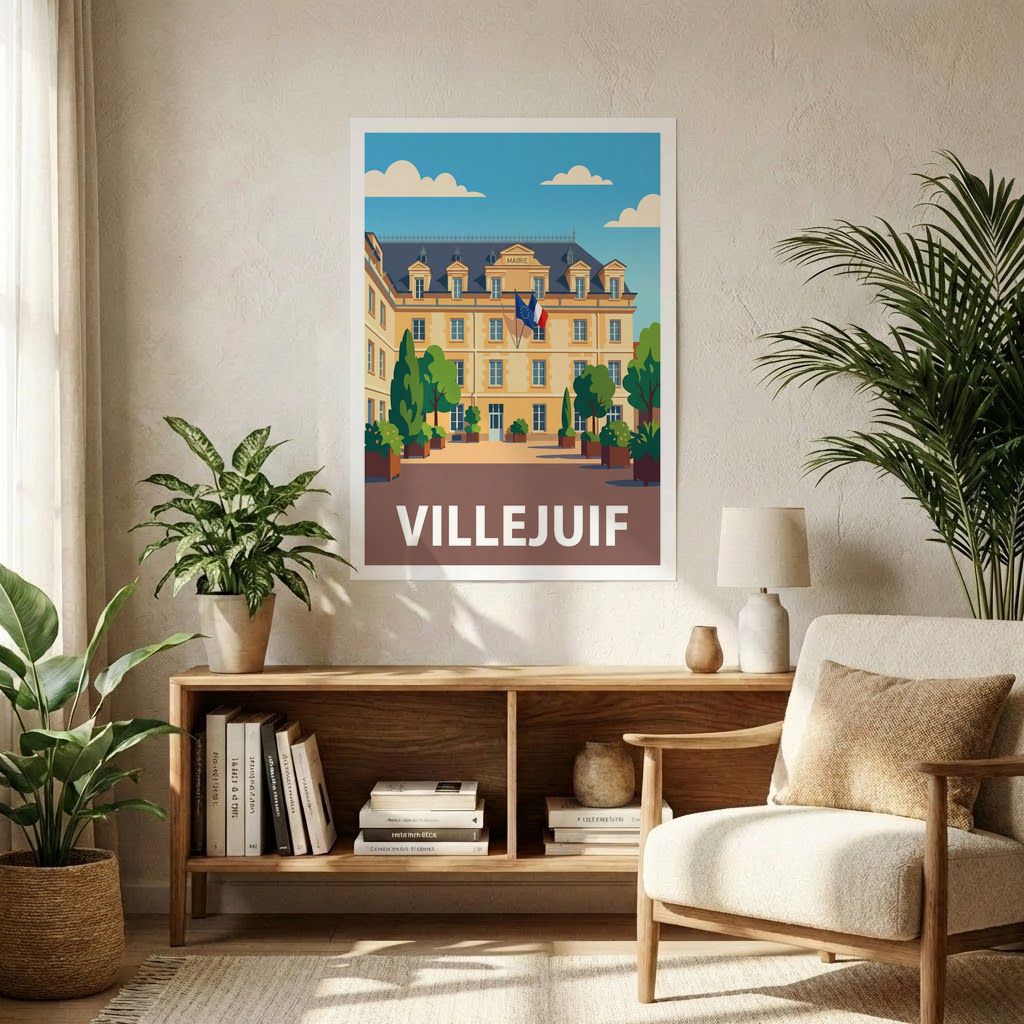 Affiche souvenir de la ville de Villejuif avec une illustration stylisée de sa mairie.