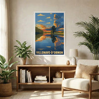 Poster souvenir de la ville de Villenave-d'Ornon avec une illustration stylisée d'un paysage de rivière au coucher du soleil.