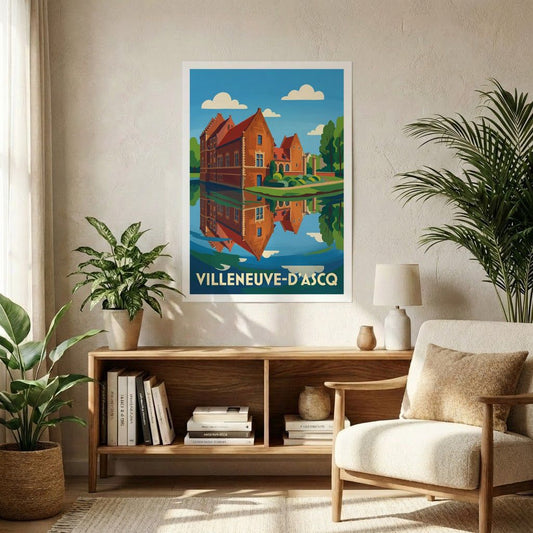 Poster souvenir de la ville de Villeneuve-d'Ascq avec une illustration stylisée d'un château se reflétant sur l'eau.