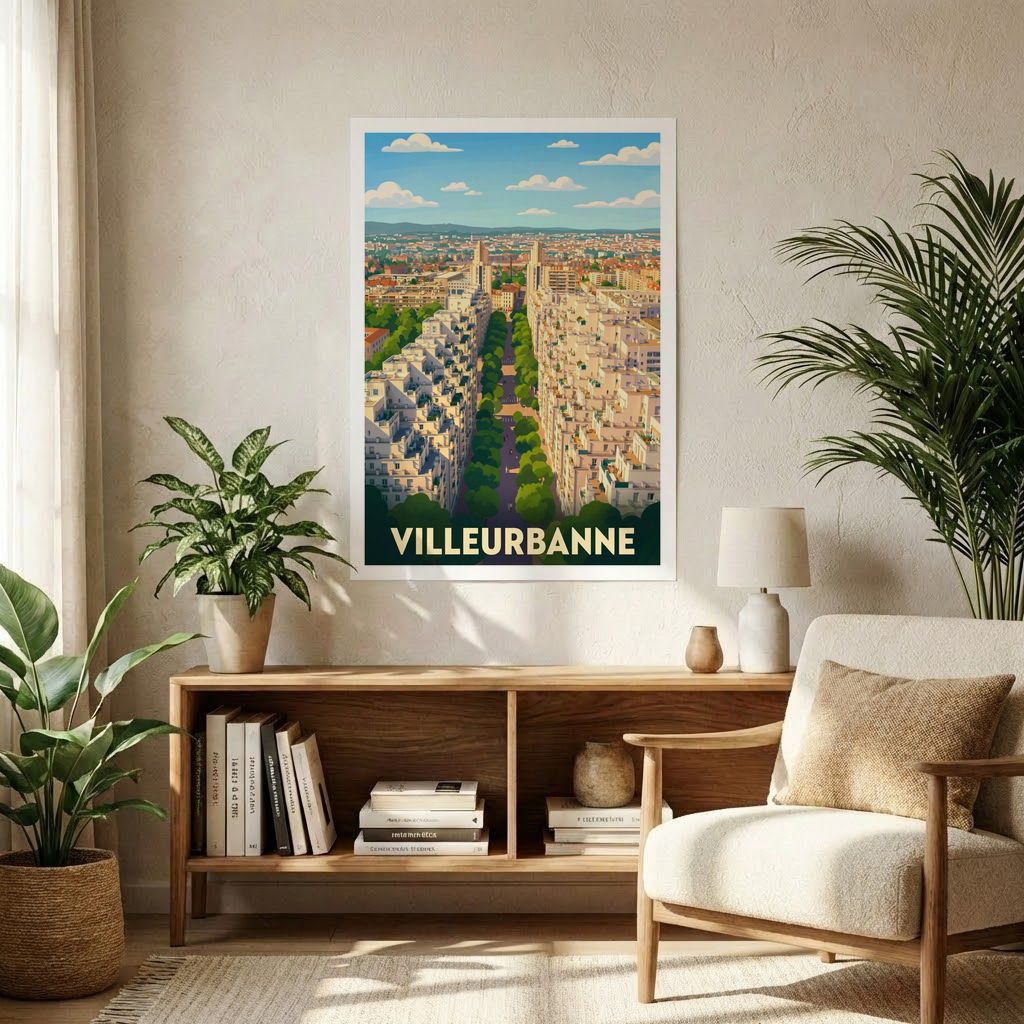Affiche souvenir de la ville de Villeurbanne avec une illustration stylisée.