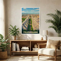 Affiche souvenir de la ville de Villeurbanne avec une illustration stylisée.