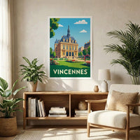 Poster souvenir de la ville de Vincennes avec une illustration stylisée de sa mairie et de son jardin.