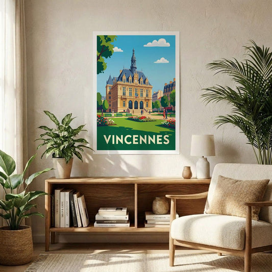 Poster souvenir de la ville de Vincennes avec une illustration stylisée de sa mairie et de son jardin.
