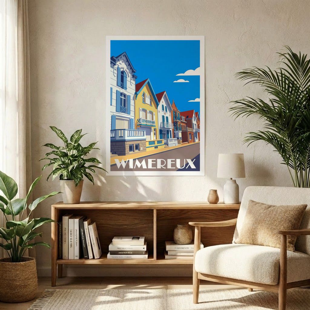 Affiche souvenir de la ville de Wimereux avec une illustration stylisée de ses villas colorées.