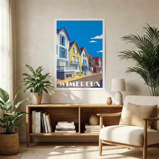 Affiche souvenir de la ville de Wimereux avec une illustration stylisée de ses villas colorées.
