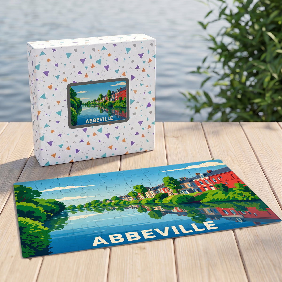 Puzzle souvenir de la ville d'Abbeville avec une illustration colorée et stylisée de ses bords de rivière.