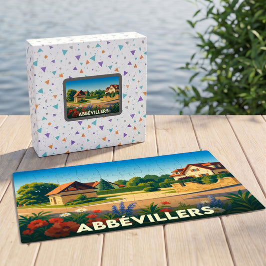 Puzzle souvenir de la ville d'Abbévillers avec une illustration stylisée d'un paysage urbain fleuri.