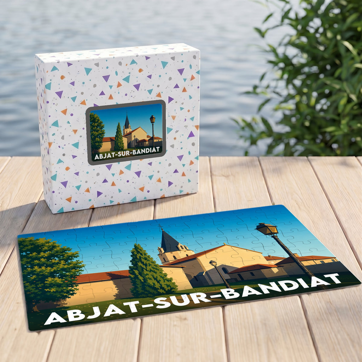 Puzzle souvenir de la ville de Abjat-sur-Bandiat avec une illustration stylisée et sa boîte assortie.