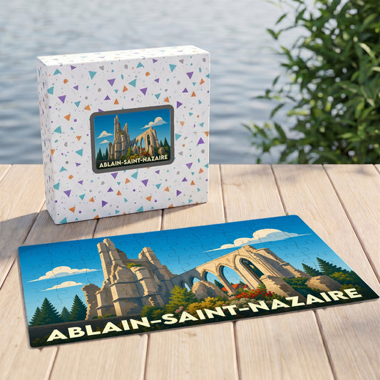 Puzzle souvenir de la ville de Ablain-Saint-Nazaire avec une illustration stylisée de ses ruines historiques.
