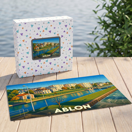 Puzzle souvenir de la ville d'Ablon avec une illustration stylisée d'un paysage urbain au bord de l'eau.
