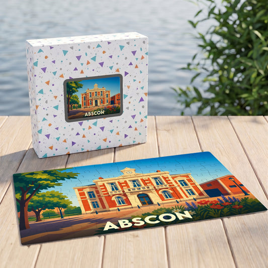 Puzzle souvenir de la ville d'Abscon avec une illustration stylisée d'un bâtiment historique.