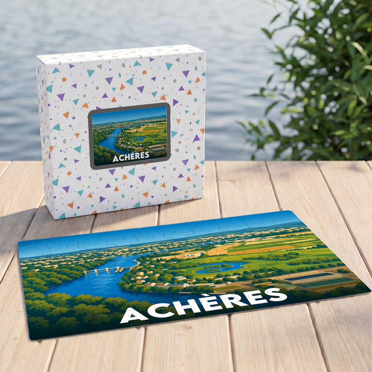 Puzzle souvenir de la ville d'Achères avec une illustration stylisée de son paysage fluvial.