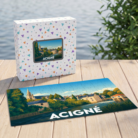 Puzzle souvenir de la ville de Acigné avec une illustration stylisée d'un paysage urbain au bord de l'eau.
