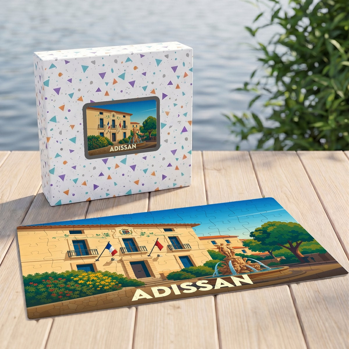 Puzzle souvenir de la ville d'Adissan avec une illustration stylisée d'un bâtiment provençal et d'une fontaine.