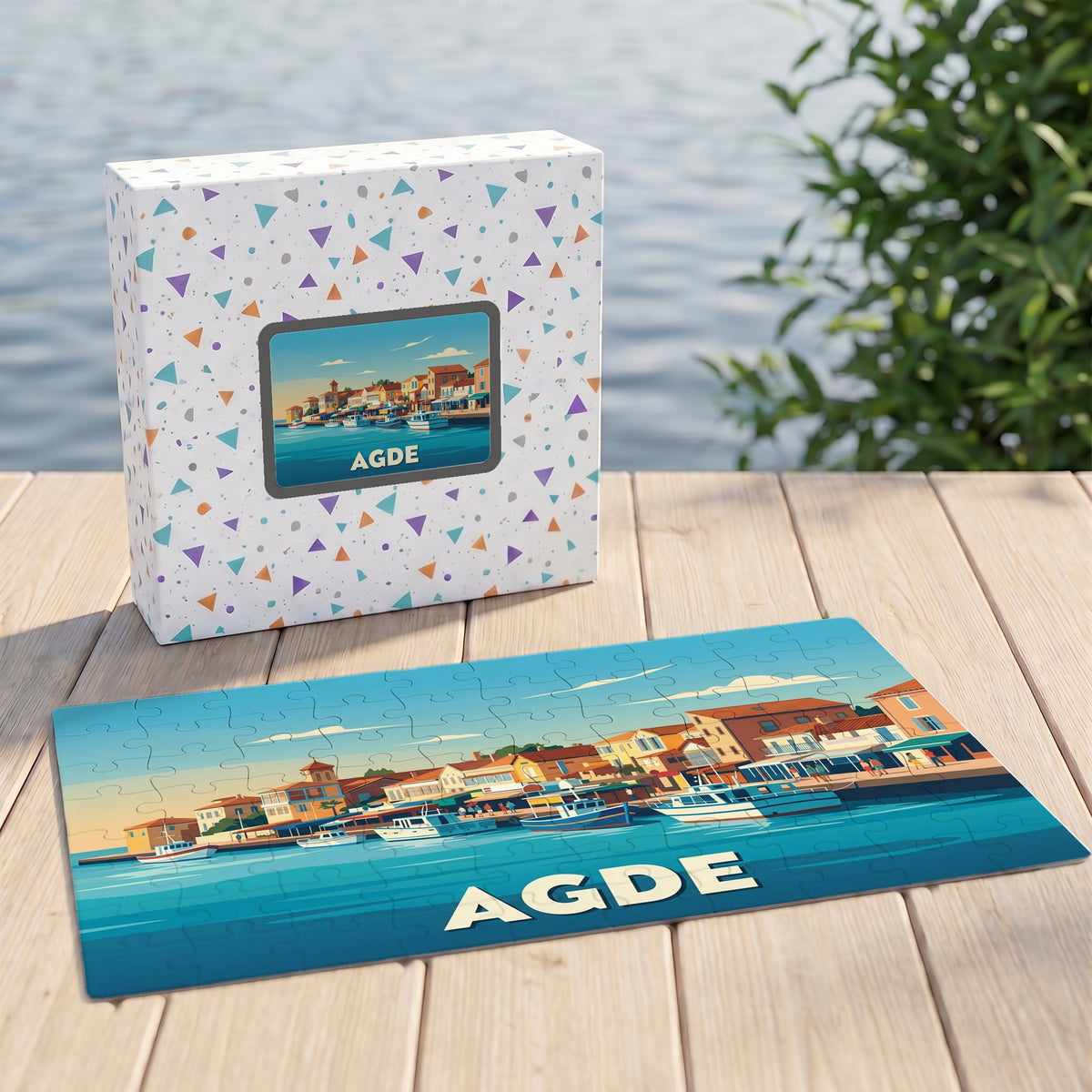 Puzzle souvenir de la ville d'Agde illustrant son port avec un style graphique épuré.