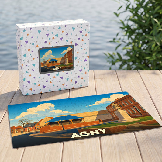 Puzzle souvenir de la ville d'Agny avec une illustration stylisée et colorée.